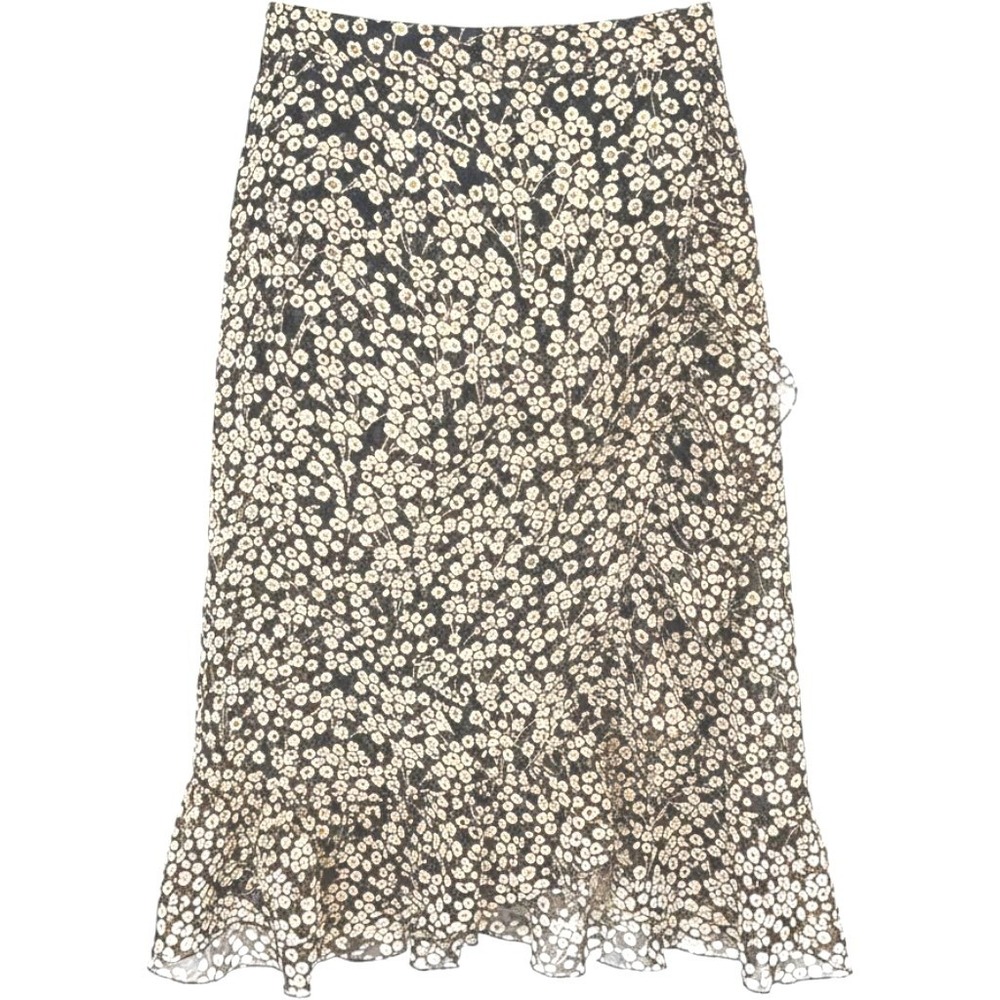 Sretsis Sample Silk Floral Ruffle Midi Skirt Black Chiffon Women 2 Romantic